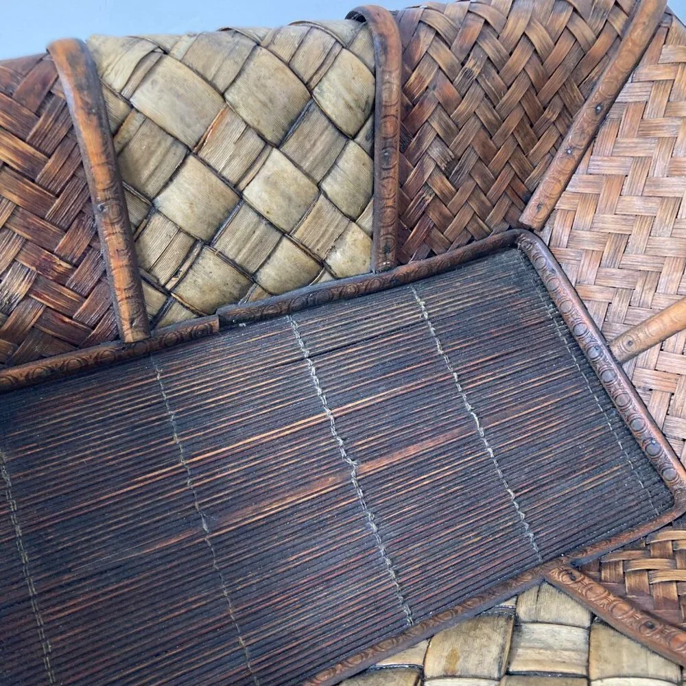 Vintage Rectangular Lattice Grass Bamboo 2 Toned‎ Stained Basket 11x 16 x 4